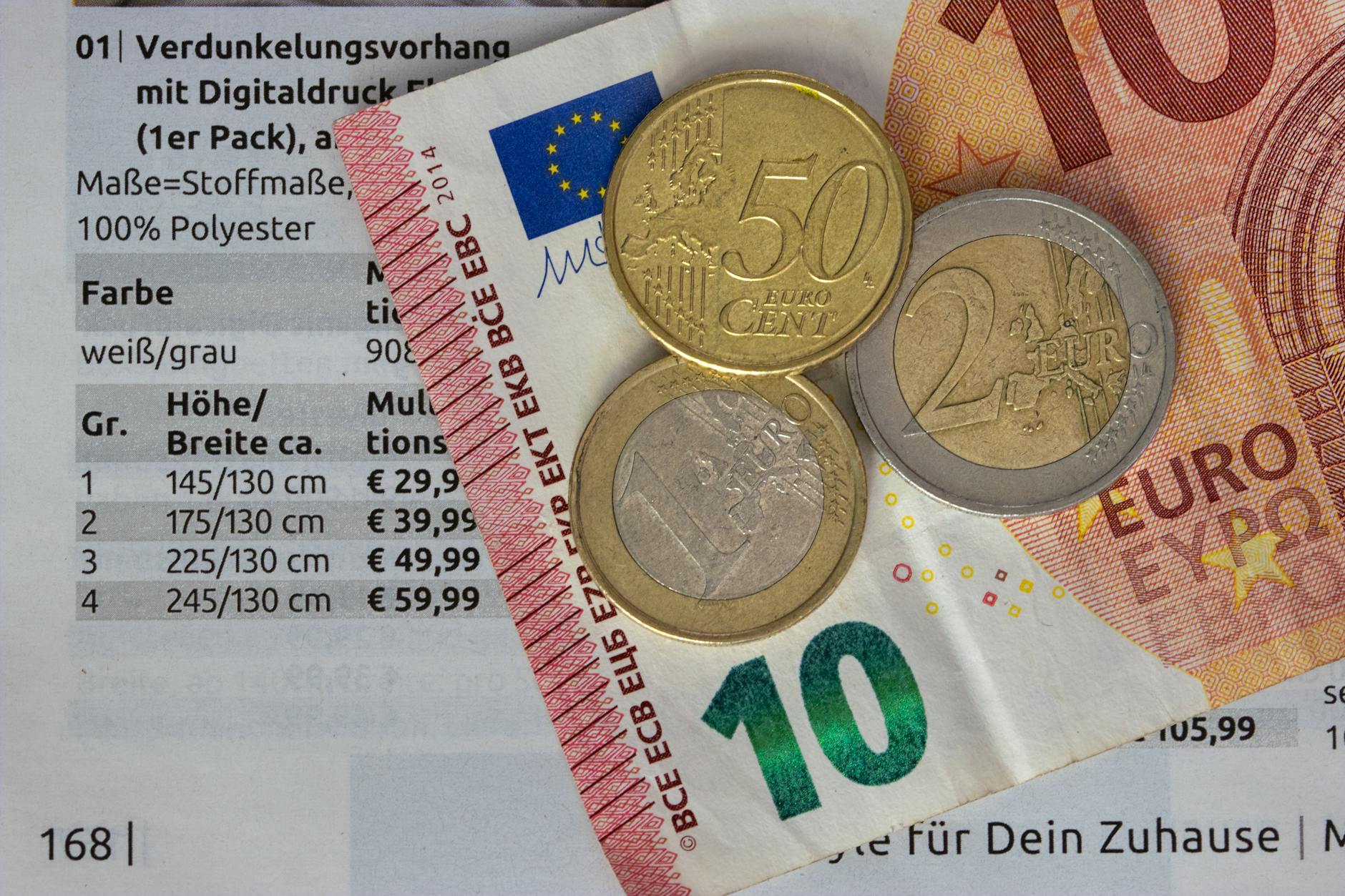 Euro coins and bills on a price list, symbolizing finance and economy.