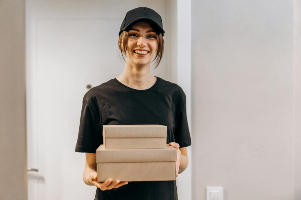 Cheerful delivery woman holding packages indoors, providing online shopping service.